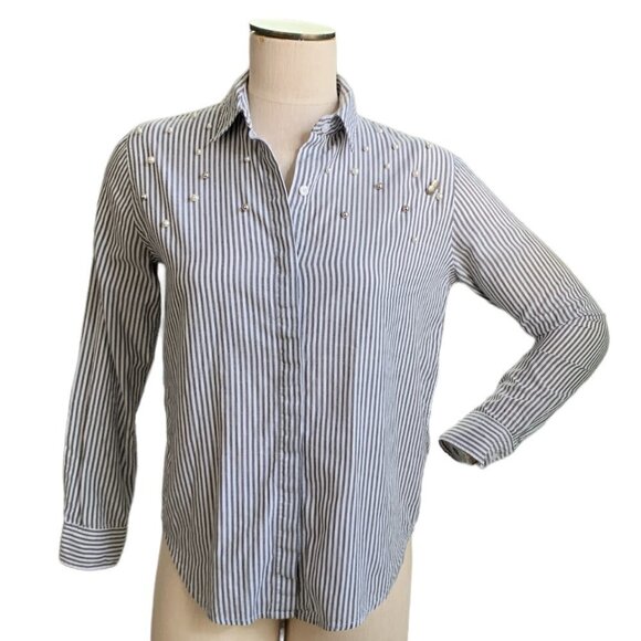 Rails "Taylor Florence Stripe Button Front Studded Pearls" XS Gray White #50L - Picture 3 of 11